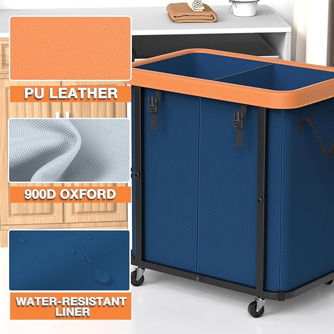 190L (50 Gal) Large Fashion Laundry Basket with Wheels, Leather Patchwork Rolling Hamper Carts, Sturdy Metal Frame, Removable Washable Bag, Tall Clothes Sorter for Bedroom, Laundry Room - Navy Blue
