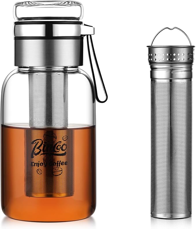 Bincoo Glass Cold Brew Coffee Maker with Extended Fine Mesh Filter, Tea Infuser Bottle Iced Coffee Maker with Thick Borosilicate Glas