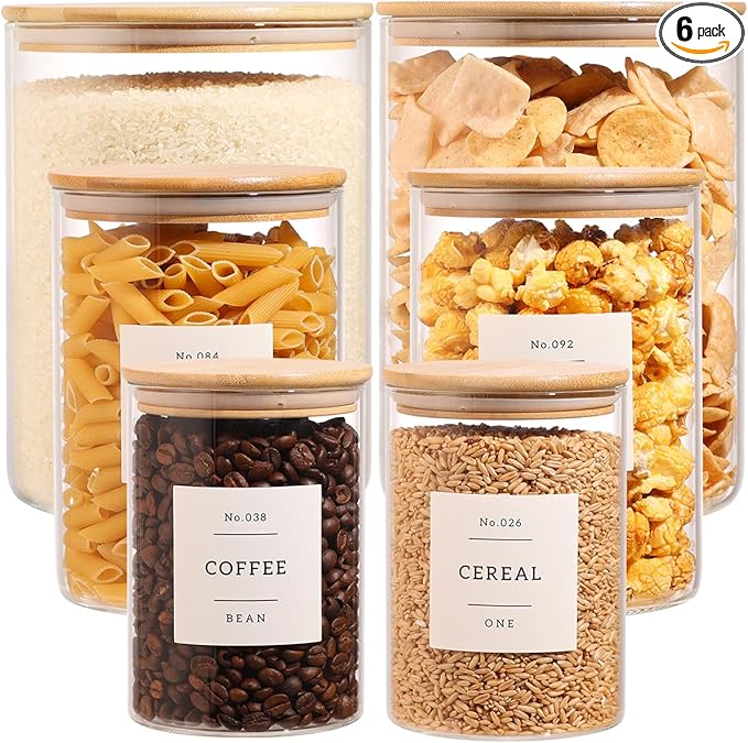 3 Pcs Glass Canisters with Airtight Bamboo Lids and 42 Kitchen Pantry Labels Preprinted - Clear Glass Flour and Sugar Storage Container Set - Large Glass Jars with Wood Lids(100 OZ/54 OZ/27 OZ)