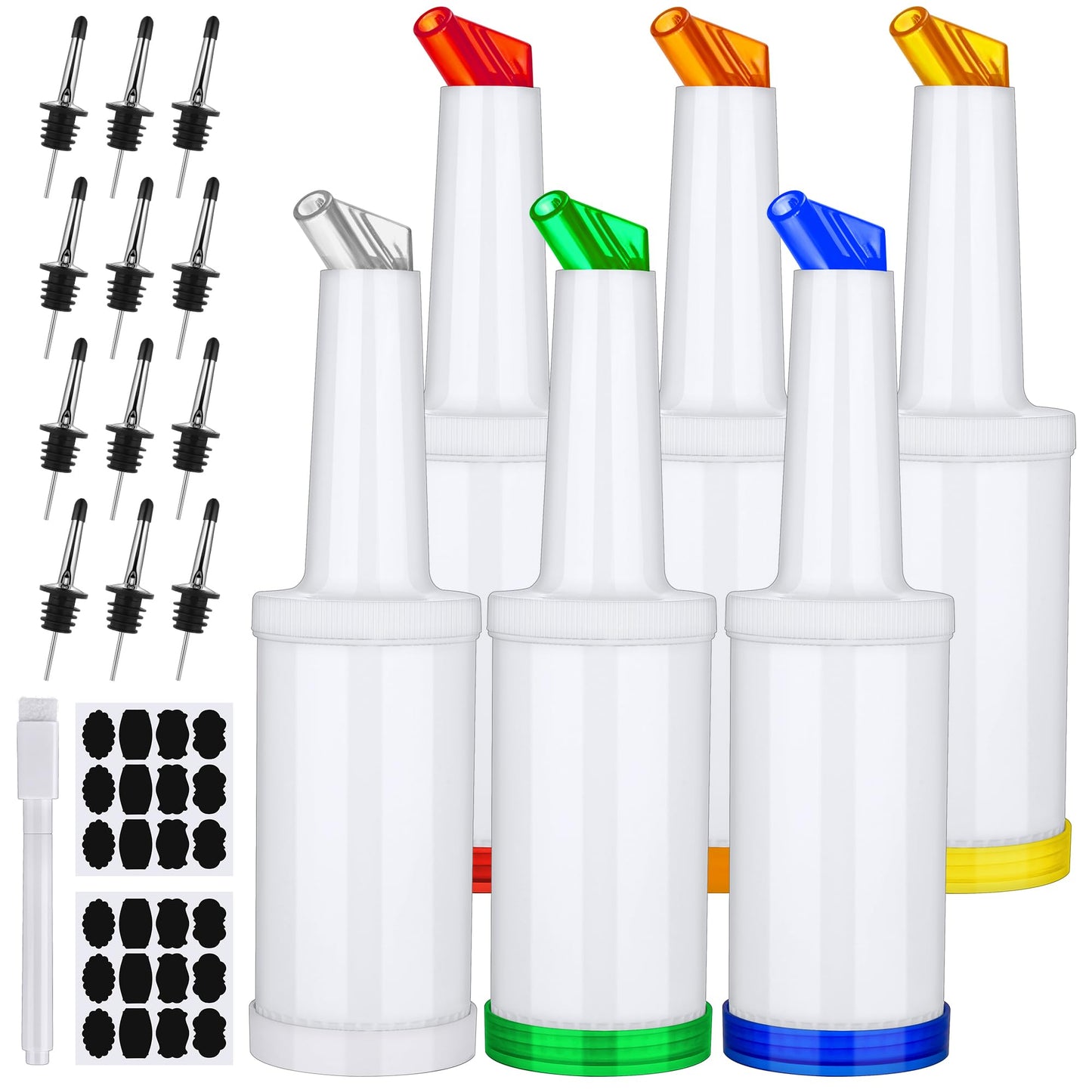 Ruisita 6 Pack 34 Oz Bar Juice Pour Bottles Plastic Bar Pour Bottles with 12 Stainless Steel Bottle Pourer Tapered Spout Fruit Juice and Liquor Containers for Bar Supplies, Multicolor
