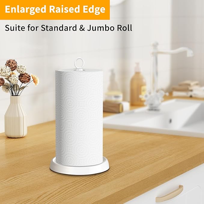 White Paper Towel Holder Countertop, White Kitchen Accessories Decor, Stainless Steel, Paper Towel Holder Stand for Bathroom Farmhouse Essentials, Weighted Base, Anti-Slip