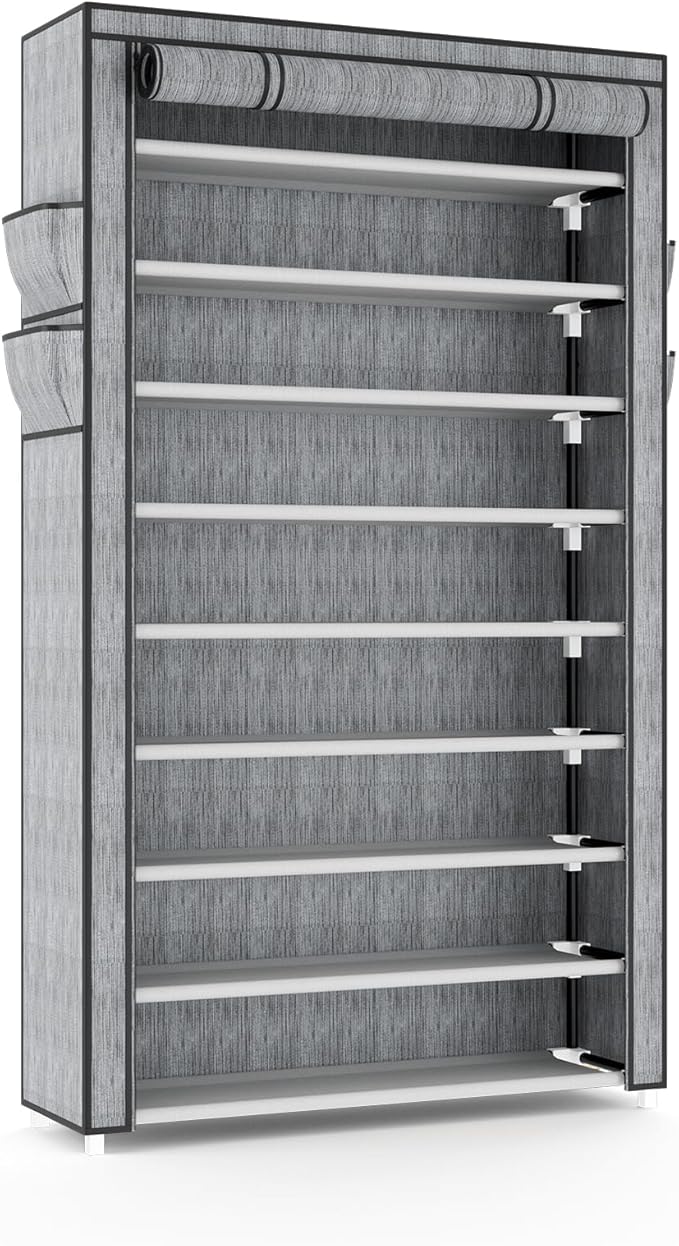 Shoe Rack with Cover Narrow Shoe Organizer with Pockets 10 Tier Tall Shoe Storage Holds 36-41 Pairs Shoes and Boots Shoe Rack for Closet Entryway Garage, Printing