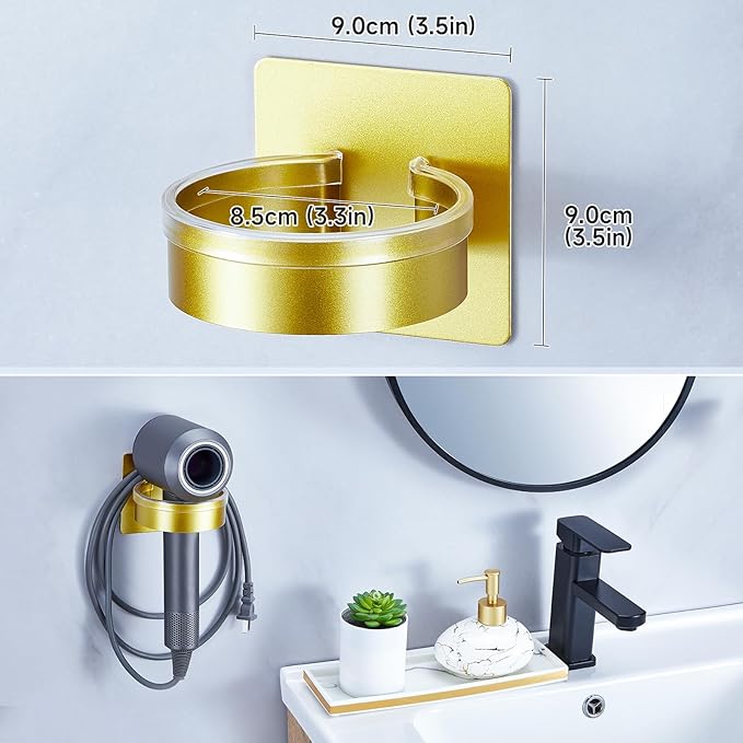 Hair Dryer Holder Wall Mounted, Blow Dryer Holder, Hair Tool Organizer for Hair Dryer Storage Hanger, Adhesive Hairdryer Holder for Bathroom Barber Shop (Gold)