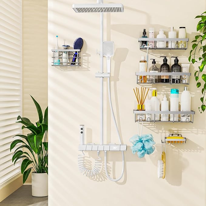 Moforoco Adhesive Shower Caddy Organizer Shelves Rack - 5 Pack Corner Bathroom Storage Organization, Home & Kitchen Decor Inside RV Accessories, Hanging First Apartment Household Camper Essentials