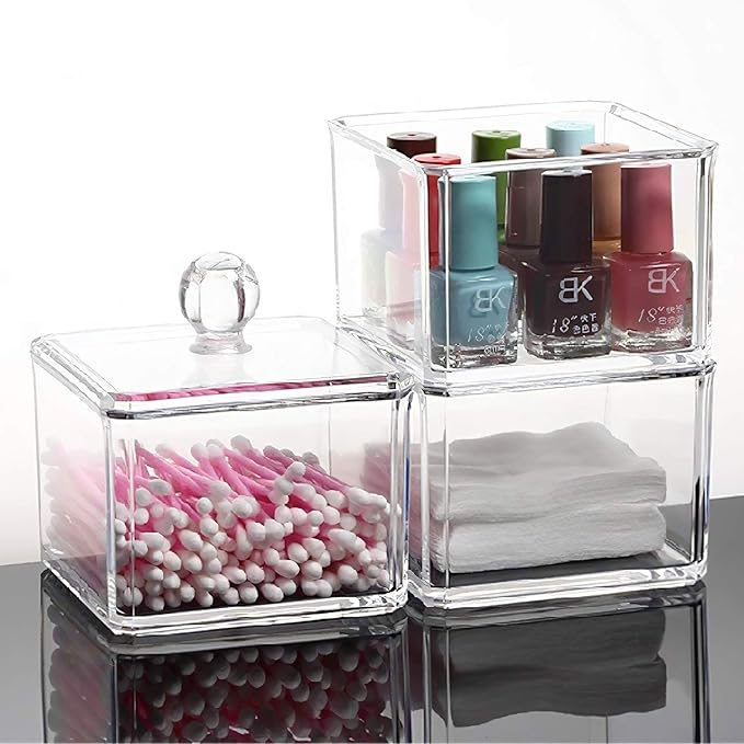 Stackable Square Acrylic Cotton Ball Holder Q-tip Holder Bathroom Swab Dispenser (Twin pack)