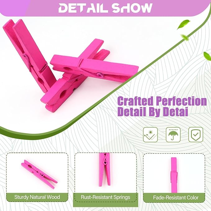 100 Pack Wooden Clothespins for Crafts, Colored Clothes Pins for Hanging Pictures Clothing Classroom, 2.9 Inch Hot Pink