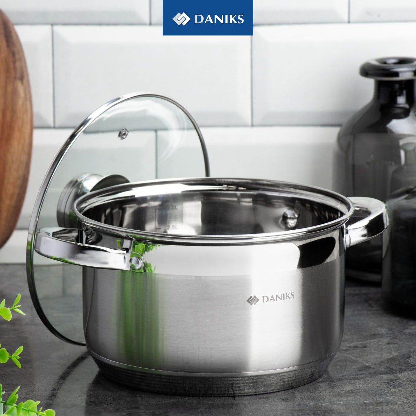 Daniks Standard 6-Piece Stainless Steel Induction Cookware Set, Dishwasher Safe Pots, Measuring Scale, Glass Lids, For Soup, Pasta, Stew, Silver