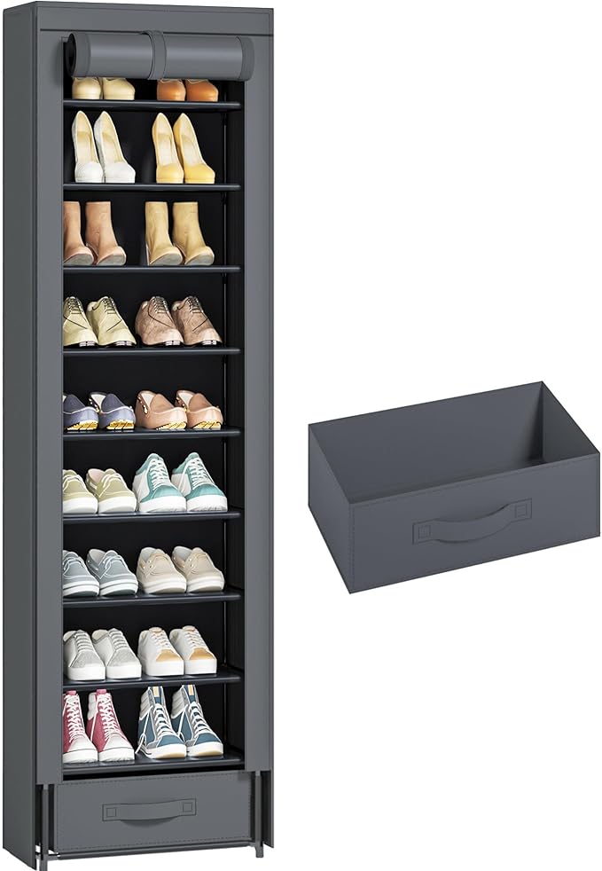 OYREL Shoes Rack 10 Tier Tall Narrow Shoe Rack with Bin Covered Shoe Shelf Storage Organizer Closet Stackable Shoe Stand