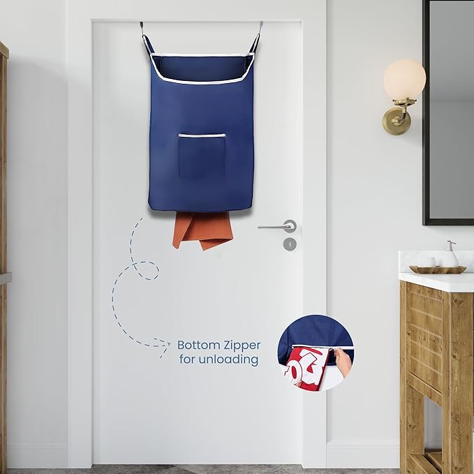 Fine Living Large Hanging Laundry Hamper with Over Door Hooks & Adhesive, Durable Space Saving Laundry Bag with Zipper and Wide Open Top, Hanging Dorm Laundry Hamper 18"x4.75"x28" (Navy Blue-L)