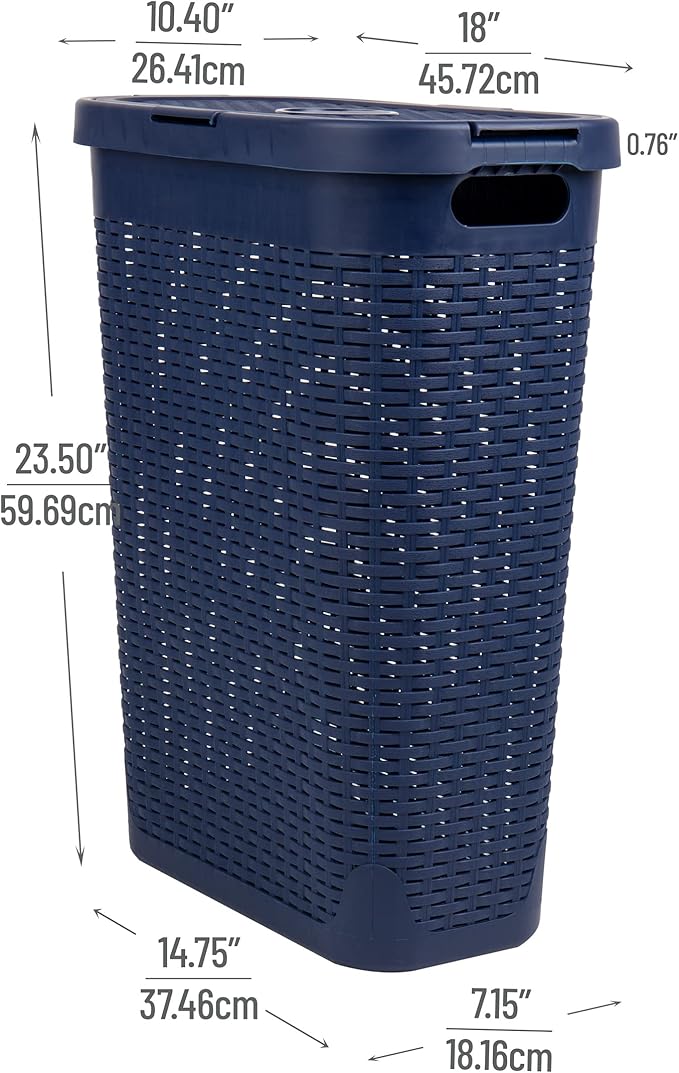 Mind Reader Slim Laundry Hamper with Lid, 40L Clothes Basket, Premium Wicker Design, Plastic, Navy