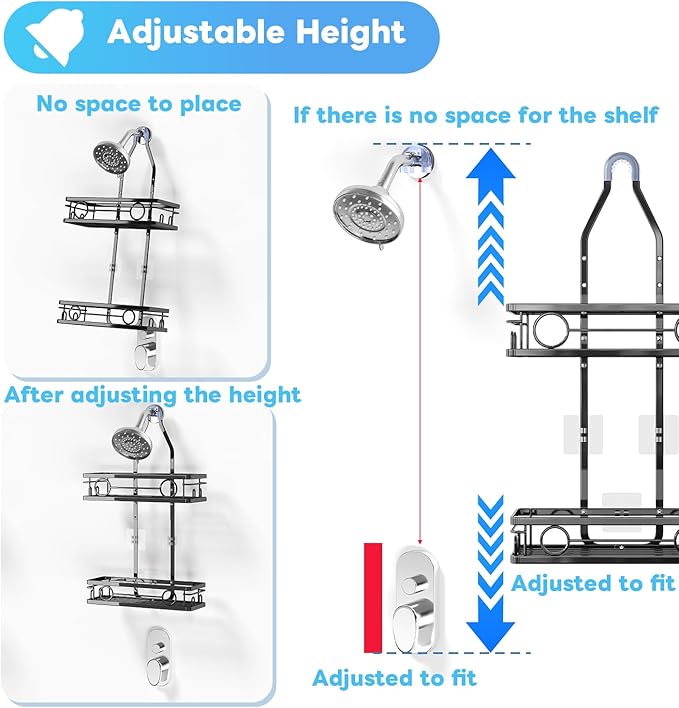 Adjustable Shower Caddy Hanging Rustproof Large-Capacity Bathroom Organizer Shower Racks with Hooks for Razor Bathroom Organizers and Storage