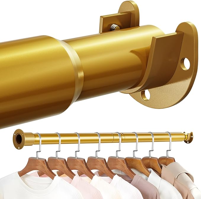 Mavivegue Closet Rod, 17 to 70 Inch Gold Adjustable Closet Rods for Hanging Clothes, Hanging Rod for Closet Wardrobes Laundry RV, Bathroom