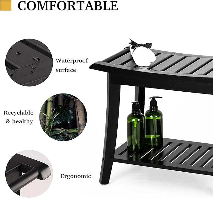 Bamboo Shower Bench Inside Shower Stool with Storage Shelf, Spa Bath Chair for Bathroom, Seat or Organizer for Living Room, Bedroom and Garden - Great for All Ages Unisex Elderly (Large, Black)