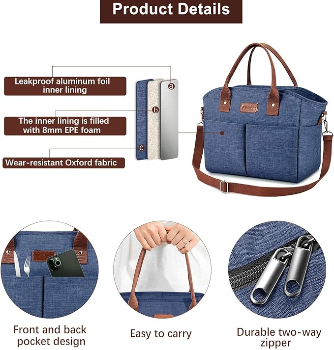 Lunch Bags for Women Insulated Thermal Lunch Tote Bag with Shoulder Strap Upgrade Large Lunch Box Container Drinks Holder for Adults Men Work Picnic Beach Park, Dark Blue