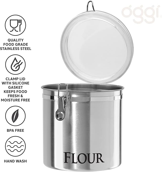 Oggi Jumbo 8" Stainless Steel Flour Clamp Canister - Flour & Food Storage