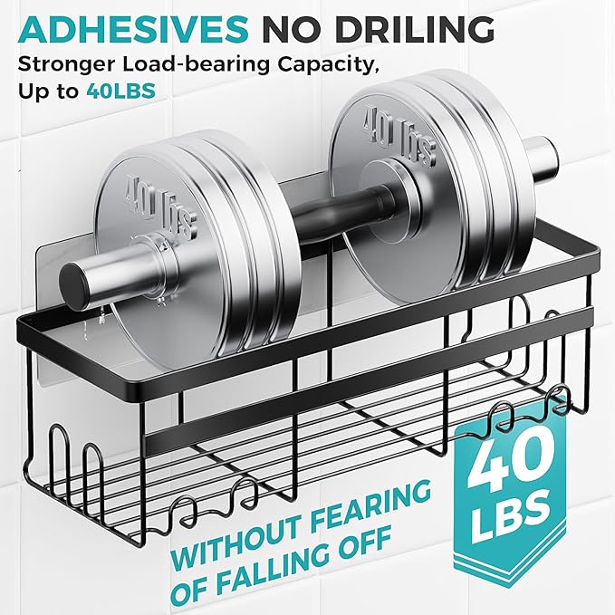 HomeHacks Shower Caddy, No Drilling Rustproof Organizer with Save Space Hooks, Apartment Essentials for Bathroom, Kitchen & Living Room, Shelf for Inside Shower, 2-Pack