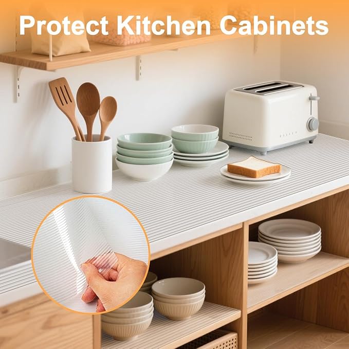 FEXIA Shelf Liner for Kitchen Cabinets, 17.5 Inch x 20 FT, Non Adhesive Drawer Liner, Refrigerator Liners, Washable Oil-Proof Fridge Pads Shelves Drawer, Cabinet Mat for Shelves (Clear)
