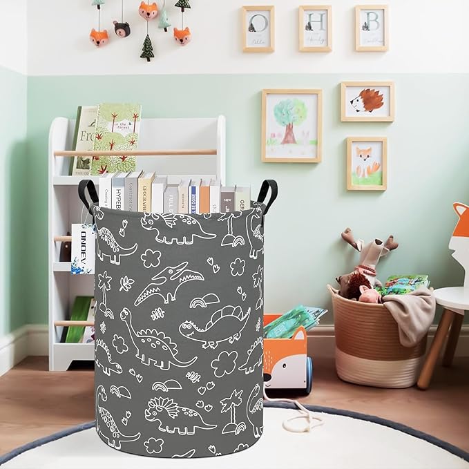 Round Dinosaur Waterproof Laundry Hampers Gift Basket Children's Toy Organizer Bag Room Decoration Basket(Gray Line Dinosaur)
