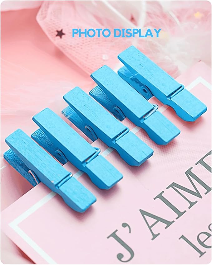 Blue Clothes Pins for Baby Shower, Mini Wooden Clothespins 1.4 Inch 50 PCS, Colored Tiny Clips Close Pin for Classroom Crafts Project Decorations Hanging Artwork Display Pegs