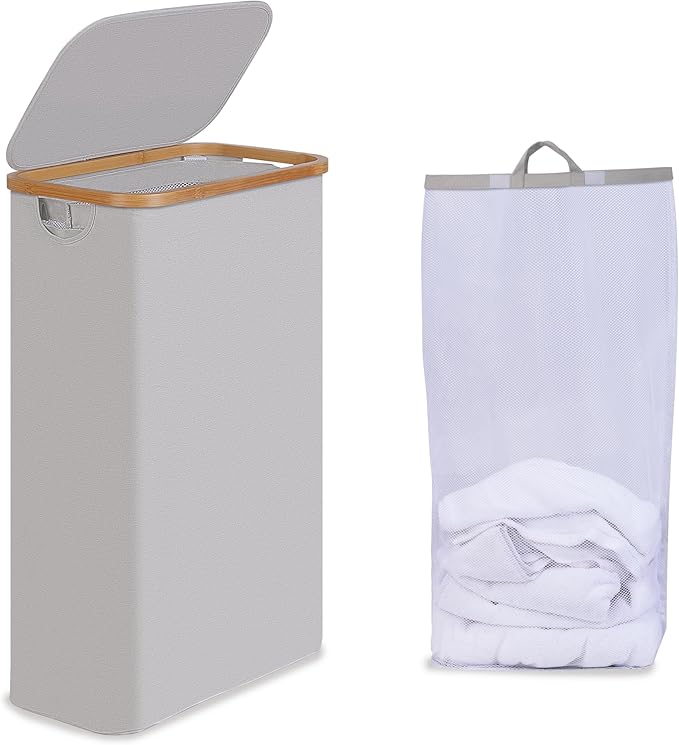 efluky Slim Laundry Basket with Lid, Narrow Laundry Hamper with Removable Bag, Skinny Dirty Clothes Basket with Bamboo Handles for Bathroom, Bedroom & Laundry Room, 75L Light Grey