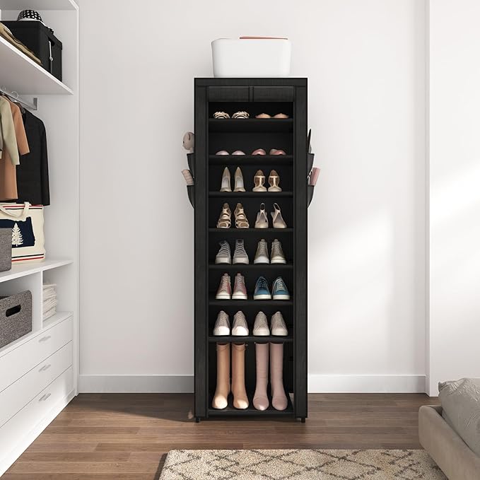 Shoe Rack with Cover Narrow Shoe Organizer with 4 Side Pockets 10 Tier Tall Shoe Storage Holds 18-22 Pairs Shoes and Boots Shoe Rack for Closet Entryway Garage