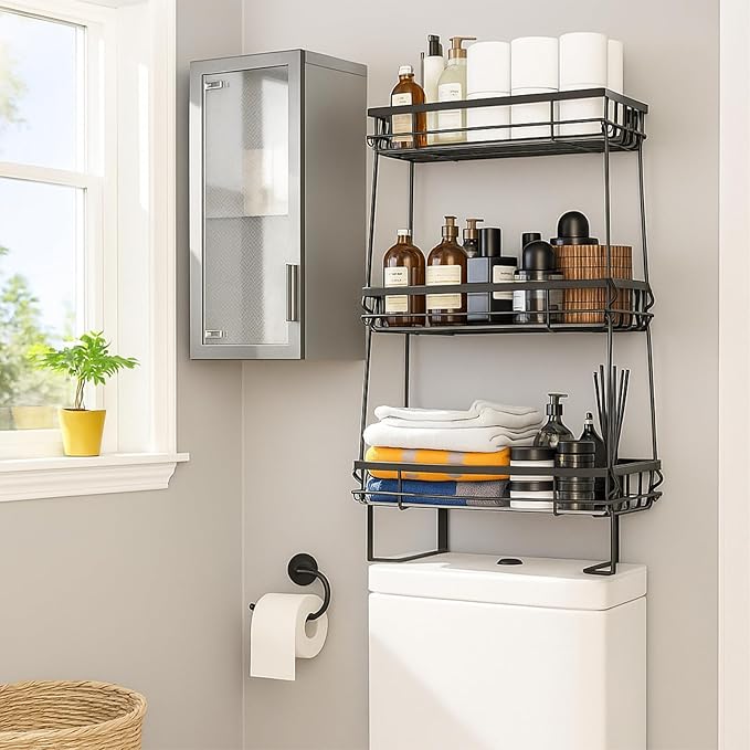 ShellKingdom Over The Toilet Storage Shelf, 3 Tier Toilet Paper Holder Stand Shelves, Punch-Free Bathroom Storage Rack with Hooks, Small Space Organizers for Bathroom, Home, Countertop, Black
