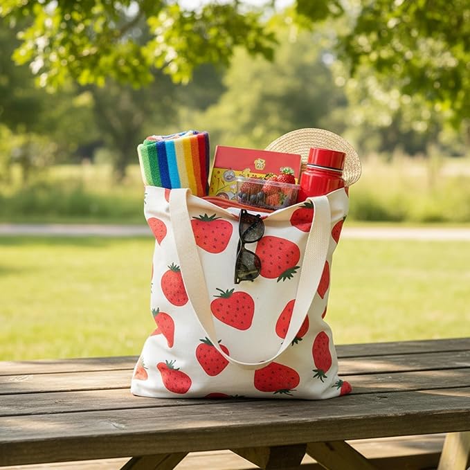 MOLOVA 1-PACK Cute Strawberry Print Canvas Tote Bag, Reusable Grocery Bag with Magnetic Snap Closure & Inner Zipper Pocket, Aesthetic Gift for Women
