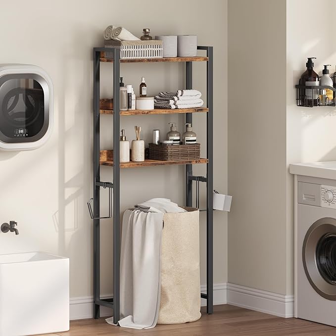 Over The Toilet Storage Rack, 3 Tier Bathroom Organizer Over Toilet, Freestanding Space Saver Toilet Stand with 2 Hooks, Bathroom Storage Shelf, Easy to Assemble, Rustic Brown TSHR6001