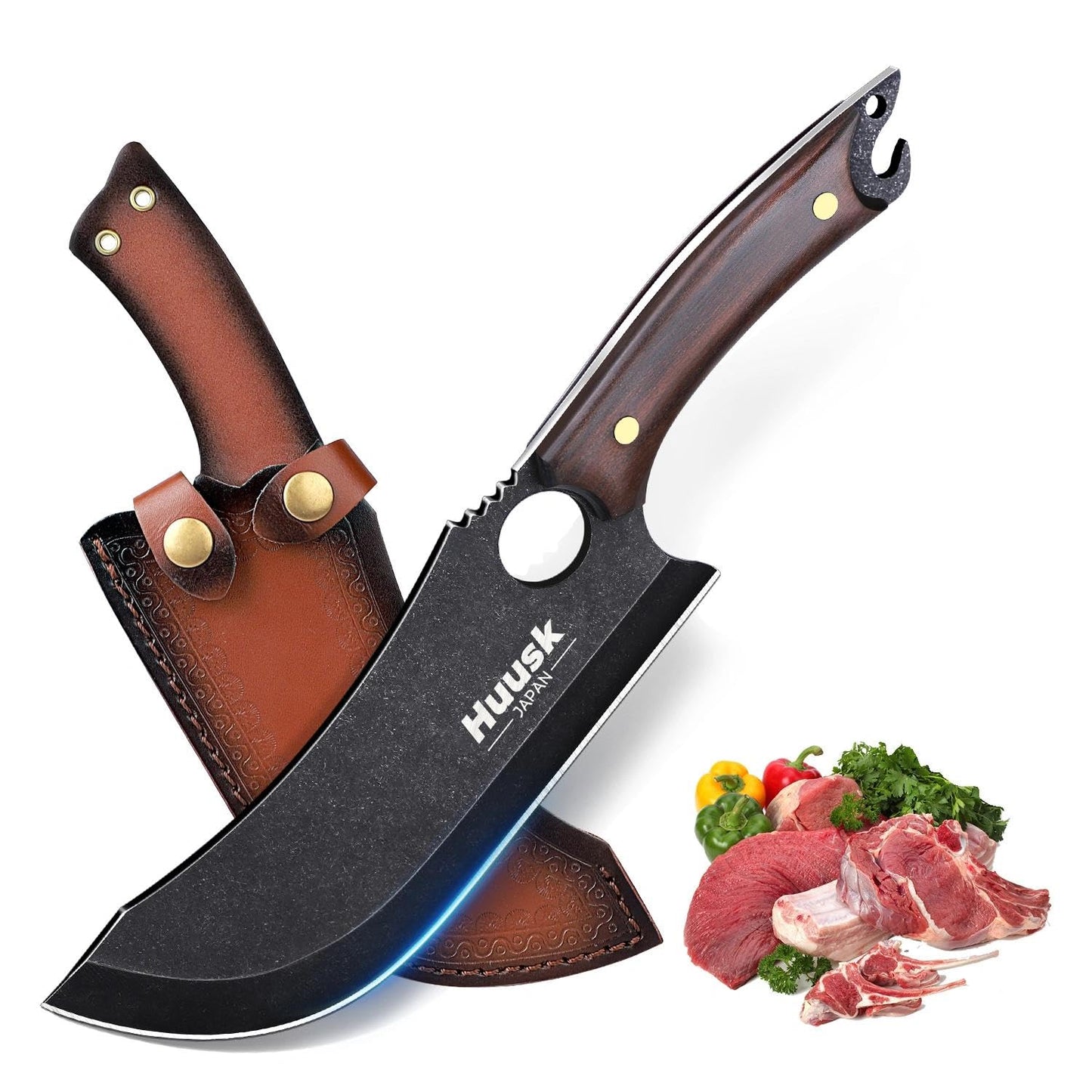Huusk Meat Cleaver Knife with Sheath - Butcher Knives for Meat Cutting