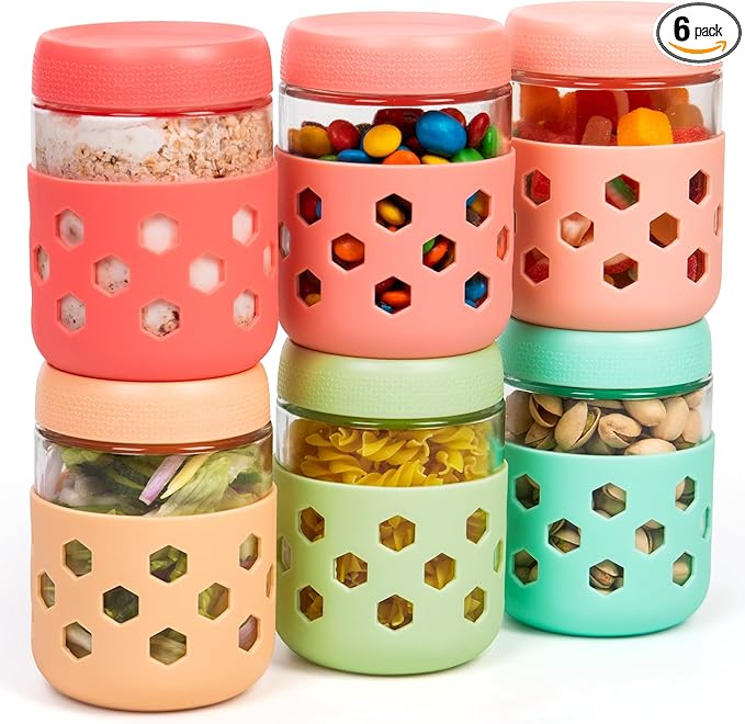 Gemice 6-Pack 16 oz Overnight Oats Containers with Lids and Silicone Sleeves, Glass Mason Jars with Airtight Lid, Dishwasher Safe, Wide Mouth Chia Seed Pudding Meal Prep Jar for Yogurt Berries Snack