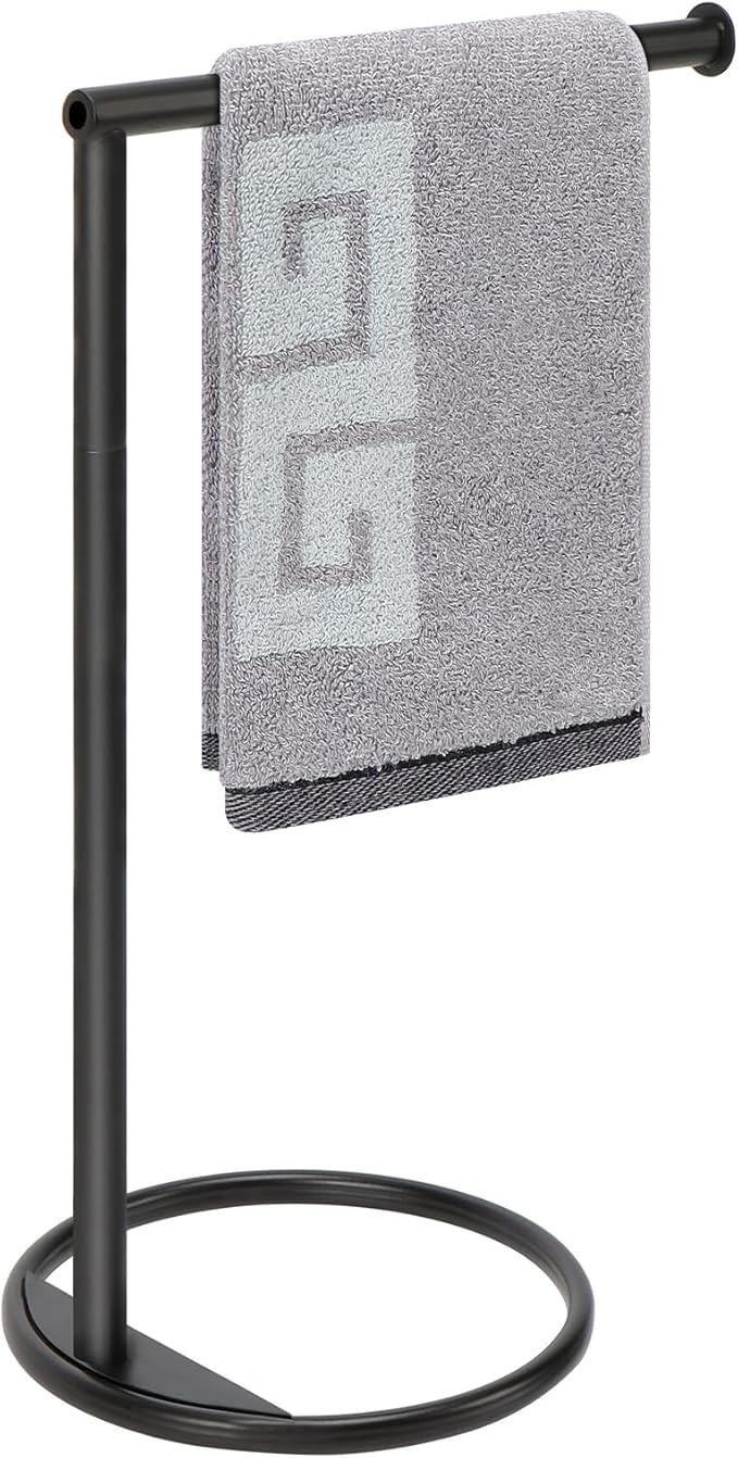 NearMoon Hand Towel Holder Stand, Thicken Metal L Shape Hand Towel Rack, Small Towel Ring, Stable Standing Towel Bar for Bathroom Kitchen Vanity Countertop, 8” L 14” H (Matte Black, 1 Pack)