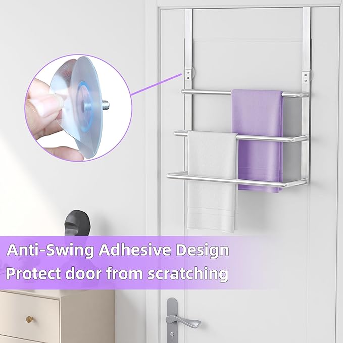 Over The Door Towel Rack, 304 Stainless Steel Towel Rack, 3 Tier Towel Bar for Hanging Towels, 16 Inch Over Door Towel Storage Holder for Bathroom, Brushed Silver