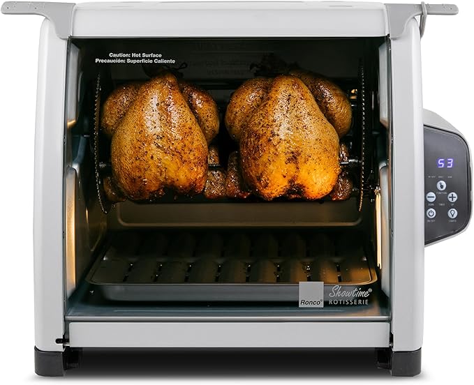 Ronco Showtime Large Capacity Rotisserie & BBQ Oven, Simple Switch Controls, Silicone Door Tie, Perfect Preset Rotation Speed, Self-Basting, Auto Shutoff, Includes Multipurpose Basket, black