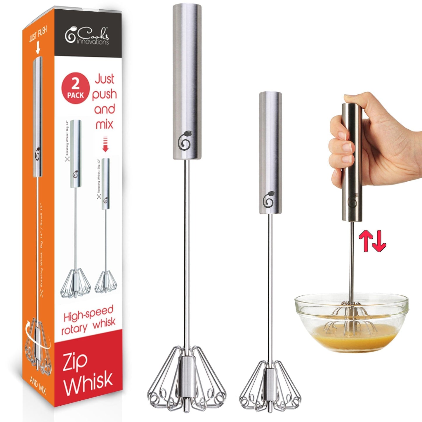 Stainless Steel Push-Down Rotary Egg Beater 14 Inch Hand Whisk Eggs & Milk