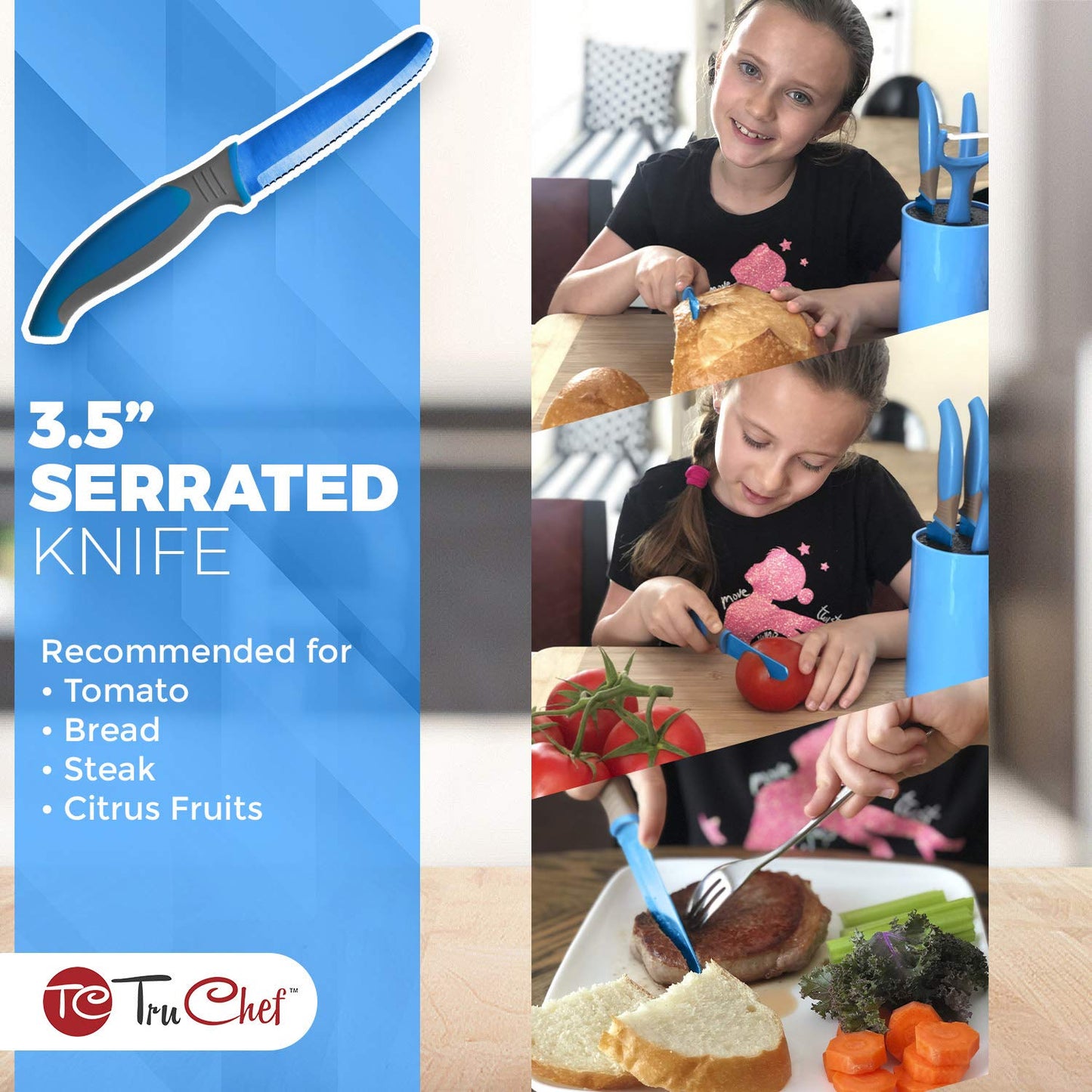 TruChef Kids Knife Set for Real Cooking | Skin Safe Chef Set for Ages 3+ with Rainbow Blades, Cutting Board, Scraper, Recipe Cards | Jr Chef Cooking Gift for Teens & Kids (16 Pcs)