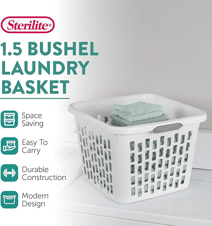 Sterilite Laundry Basket, Plastic Clothes Hamper, Large Square Bin with Comfort Grip Handles and Reinforced Rim, 1.5 Bushel Capacity, White, 18 Pack