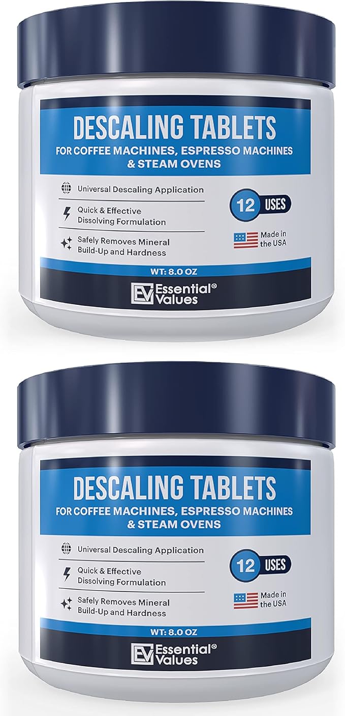Essential Values Descaling Tablets, Coffee Maker Cleaner Compatible with Keurig Coffee Machines, Breville, Delonghi, Jura, Miele, Bosch, Tassimo Espresso Machines and Miele Steam Ovens (Pack of 24)