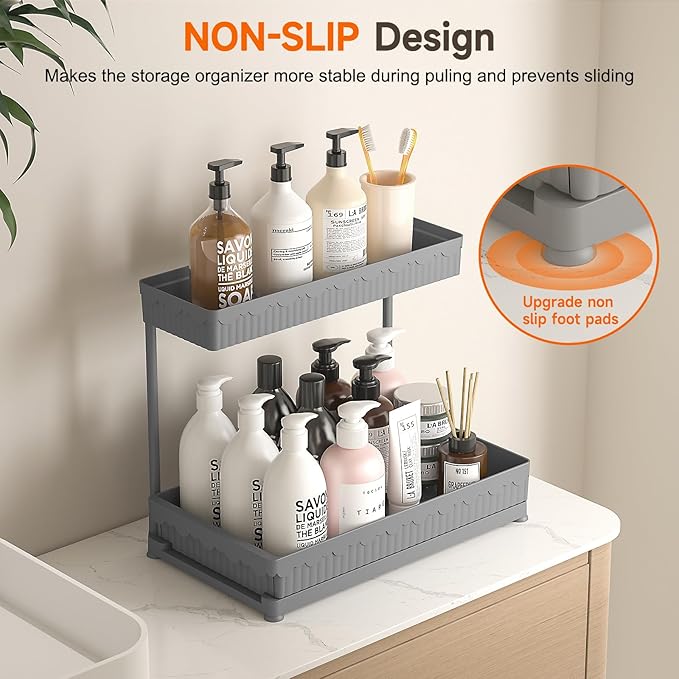 3 Pack Multi-Purpose Under Sink Organizers and Storage, 2026 L-Shaped Pull Out Cabinet Organizer for Bathroom & Kitchen, Under Cabinet Organizer with Hooks Hanging Cup, Grey
