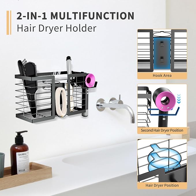 FUNKYLEE Hair Tool Organizer - Hair Dryer Holder, 3 in 1 Metal Bathroom Organizer Wall Mount for Flat Iron, Curling Iron, Straightener, Styling Tools Bathroom Storage and Organizer (Black)
