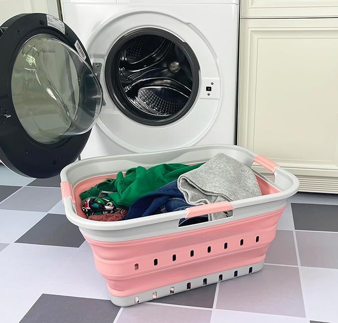 SAMMART 42L (11 gallon) Collapsible Plastic Laundry Basket - Foldable Pop Up Storage Container/Organizer - Space Saving Hamper/Basket (1, Grey/Quartz Pink)