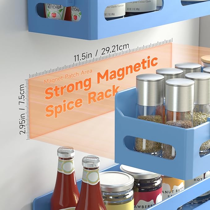4 Pack Strong Magnetic Spice Rack for Refrigerator, Multipurpose Magnetic Shelf for Fridge with 4 Hooks for kitchen and Bathroom Organization, Blue