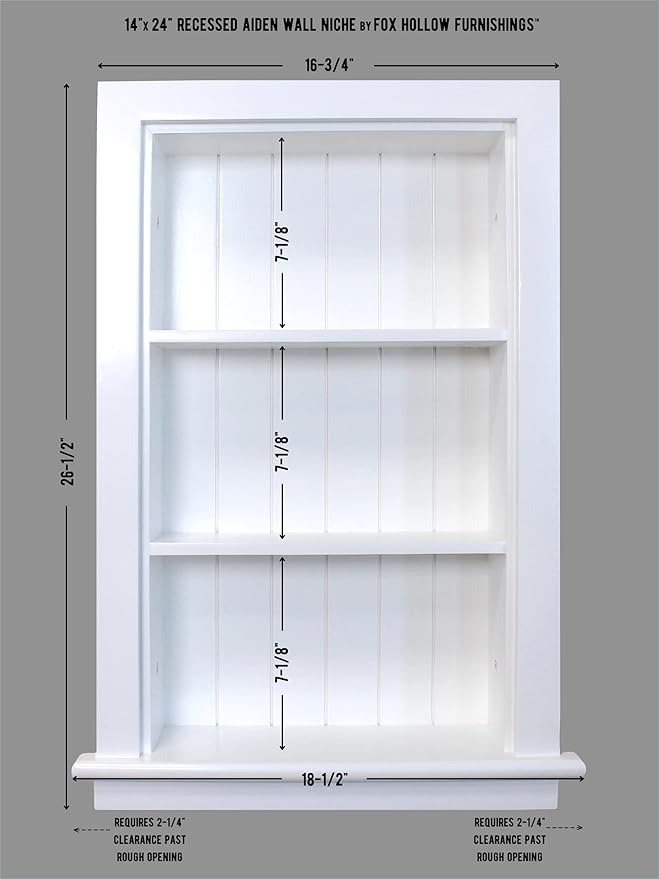 Fox Hollow Furnishings 14x24 Aiden Recessed Wall Niche Medicine Cabinet Replacement, in The Wall Bathroom Cabinet Insert Shelf/Shelves, Made in North America, Real Wood, NO MDF, Beadboard, White