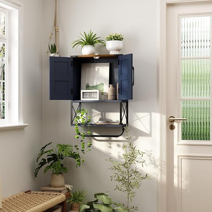 RUSTOWN Farmhouse Rustic Medicine Cabinet with Two Barn Door,Wood Wall Mounted Storage Cabinet w/Dark Brown Top & Adjustable Shelf and Towel Bar, 3-Tier Cabinet for Bathroom(Navy Blue)