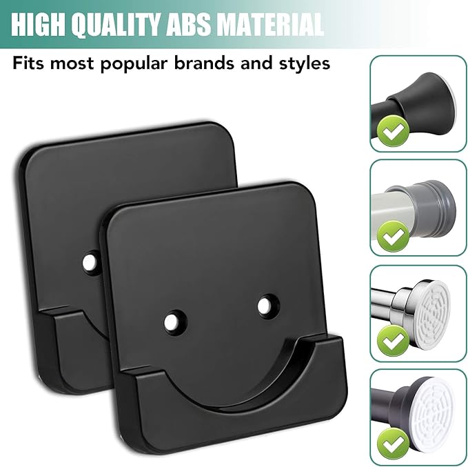 Black Shower Curtain Rod Holder for Wall Mount | Adhesive Shower Tension Rod Retainer for Tile | No Drilling | Stick On | 2 Pack, (Shower Curtain Rod Not Included)