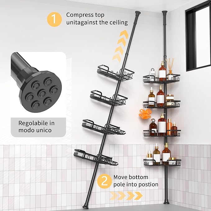 ZUNTO Tension Pole Shower Caddy Corner for Bathroom, Adjustable 25in-114in Floor to Ceiling, Standing Shower Tension Rod Organizer, 4 Tier Storage Shelves with Hooks, Black