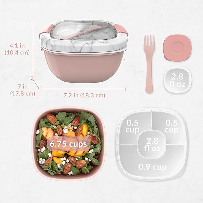 Bentgo Salad Container - 54 oz Bowl with 4-Compartment Toppings Tray, Dressing Container, Reusable Fork, BPA-Free Lunch Box for Meal Prep & Food Storage; Removable Bento Tray (Blush Marble)