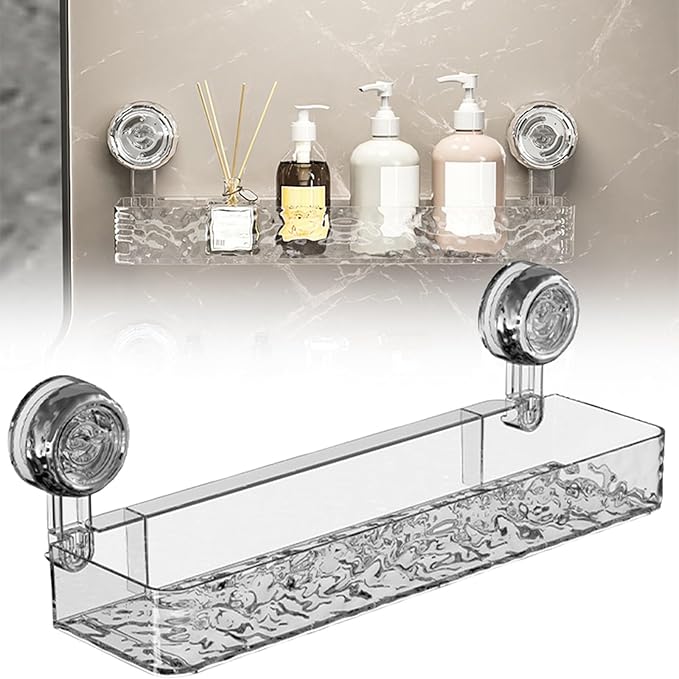 No-Drill Bathroom Suction Storage Box,Corrugated Suction Cup Storage Holder,Powerful Suction Storage Box,Removable Hanging Storage Basket, No Drilling Shelves Caddy, Ripple Acrylic (Long style-Clear)