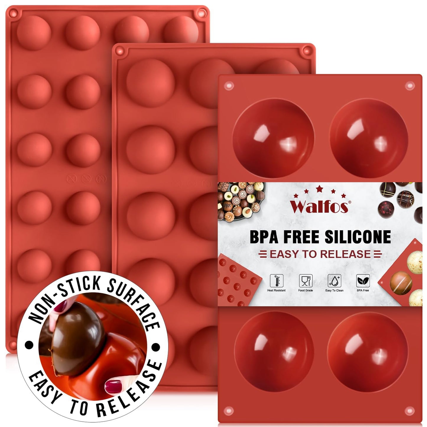 Silicone Fat Bomb Molds, Walfos Silicone Candy Mold, 15 Cavity Round Mold -Perfect for Keto Fat Bomb, Jelly, Dark Chocolate, Mini Peanut Butter Cup, 2 Packs