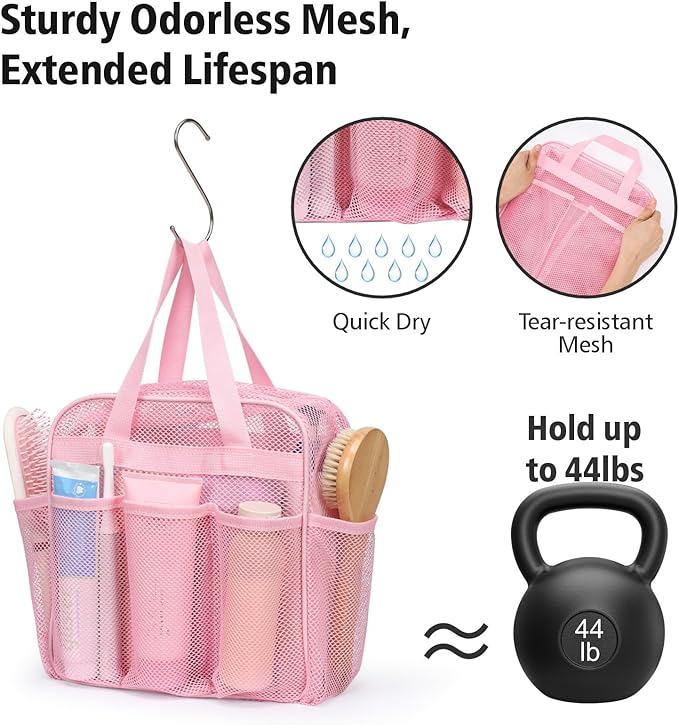 F-color Mesh Shower Caddy Portable with Zipper - Upgrade Deeper 7 Pockets Dorm Room Essentials for Guys Girls with S Hook, Shower Bag Basket Tote for College Camping Toiletry Bathroom, Pink