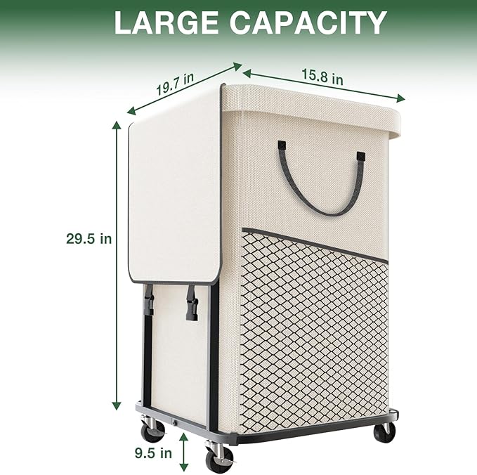 40 Gal(150L) High Grade Large Laundry Basket with Wheels, Rolling Laundry Hamper, Laundry Cart with Metal Frame and Removable Bag Design, Suitable for Laundry Room, Bedroom (White, 150L)